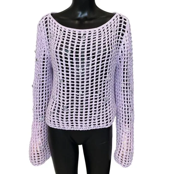 & Other Stories x Susan Fang Lilac Beaded Open Knit Crochet Top Size L